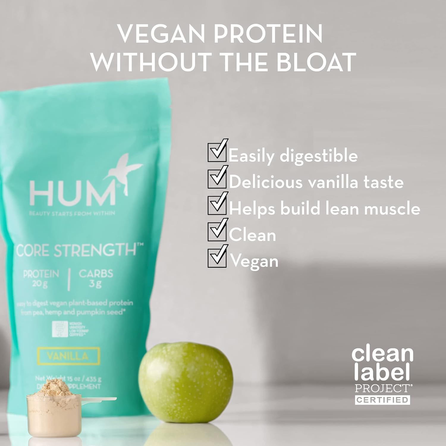 HUM Core Strength Vanilla Protein Powder - Digestion Friendly Vegan Pl