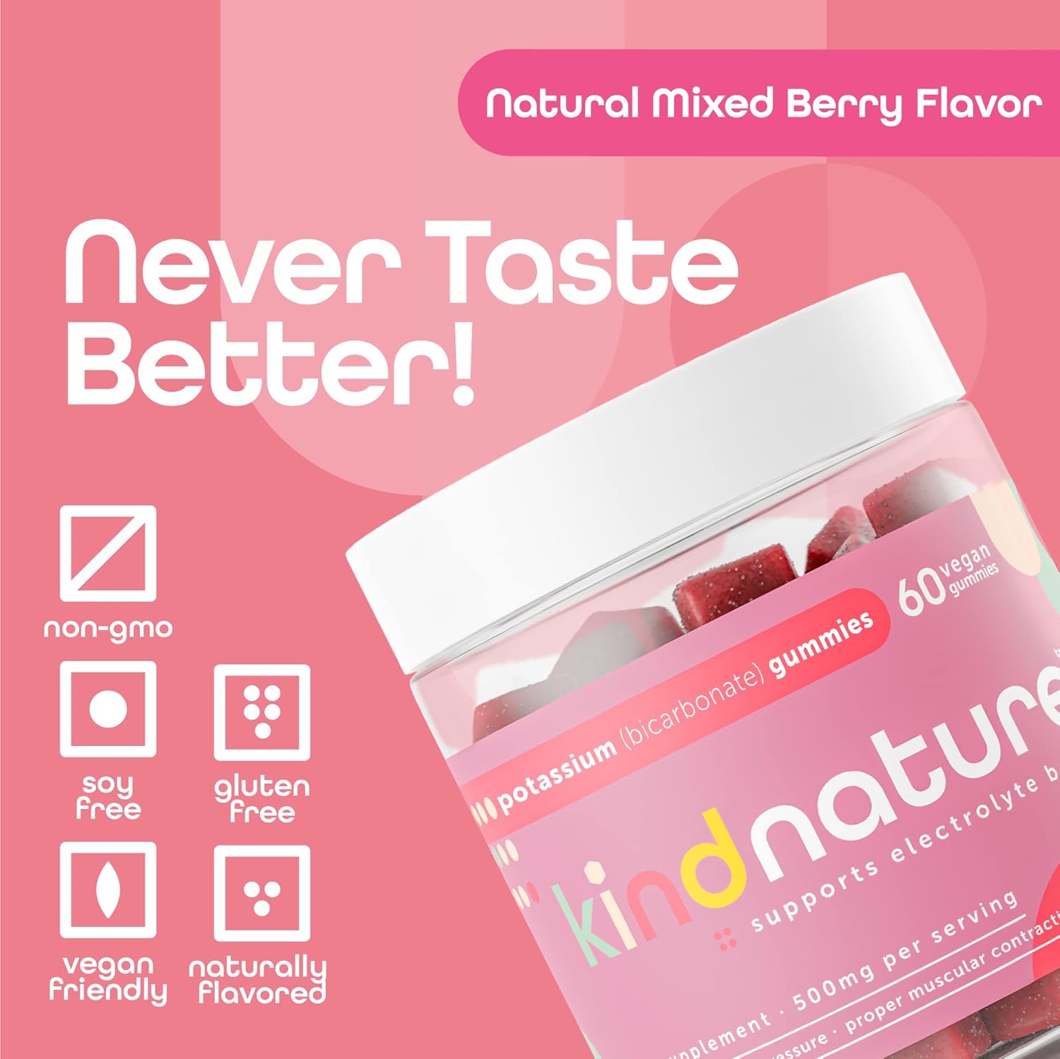 Kind Nature High Potassium Supplement 500Mg - Chewable Gummies For Adults & Kids - Pure Potassium Bicarbonate Mineral Supplement - Vegan, Gluten Free, Non Gmo - 60 Gummies (30 Day Supply)