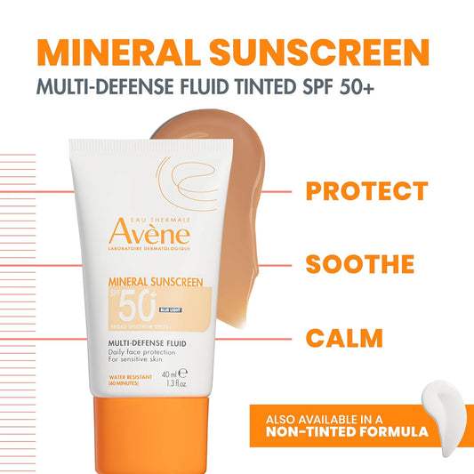Avène Mineral Sunscreen Multi-Defense Fluid Tinted Spf 50+, Clean Formula Sunscreen For Sensitive Skin, Reef Friendly, Natural Tint, Non-Whitening, Antioxidant Protection, 1.3 Fl Oz