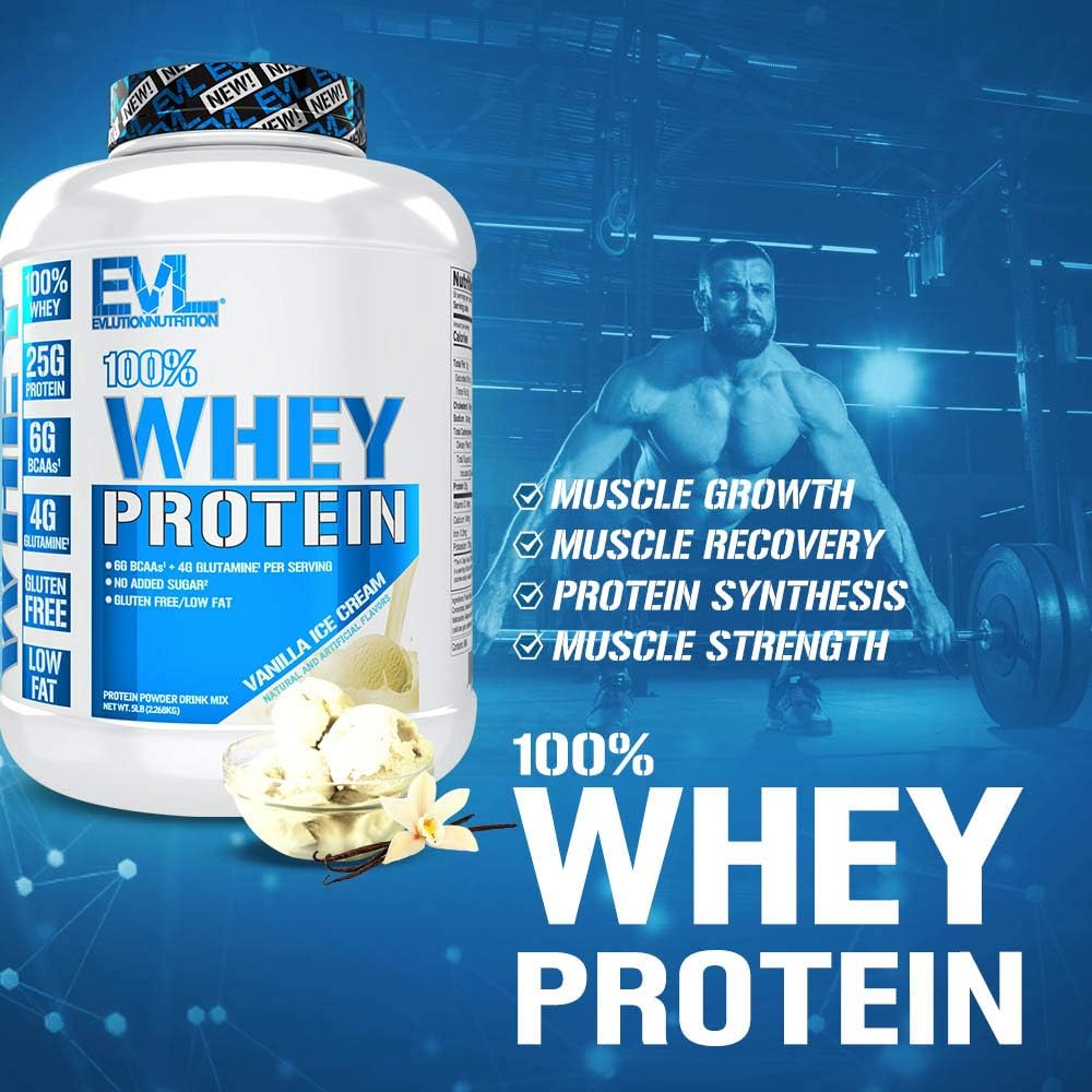 Evlution Nutrition 100% Whey Protein, 25G Of Whey Protein, 6G Of Bcaas, 4G Of Glutamine, Gluten Free (5 Lb, Vanilla Ice Cream) : Health & Household