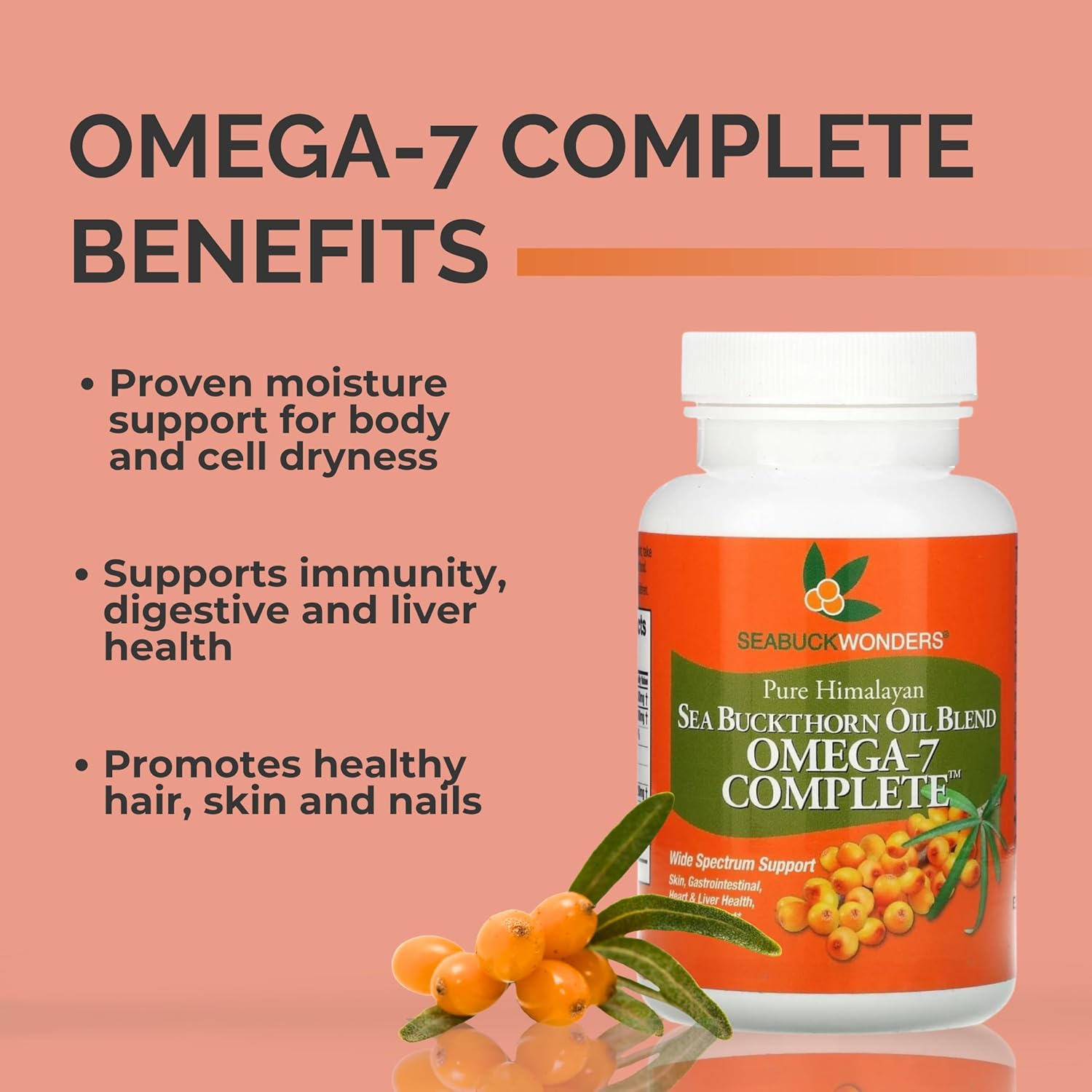 Organic Sea Buckthorn Oil, Omega-7 Complete Softgels, 30 Count, With Omega 3, 6 & 9, Supports Hair, Skin & Nail Health, 1000Mg Per Serving