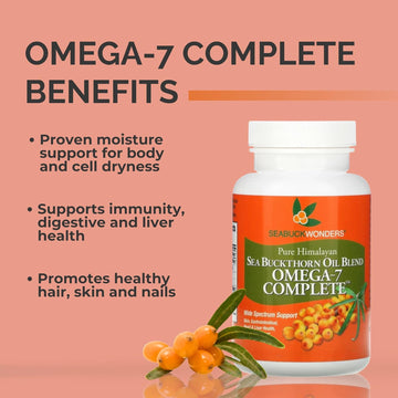 Organic Sea Buckthorn Oil, Omega-7 Complete Softgels, 30 Count, With Omega 3, 6 & 9, Supports Hair, Skin & Nail Health, 1000Mg Per Serving