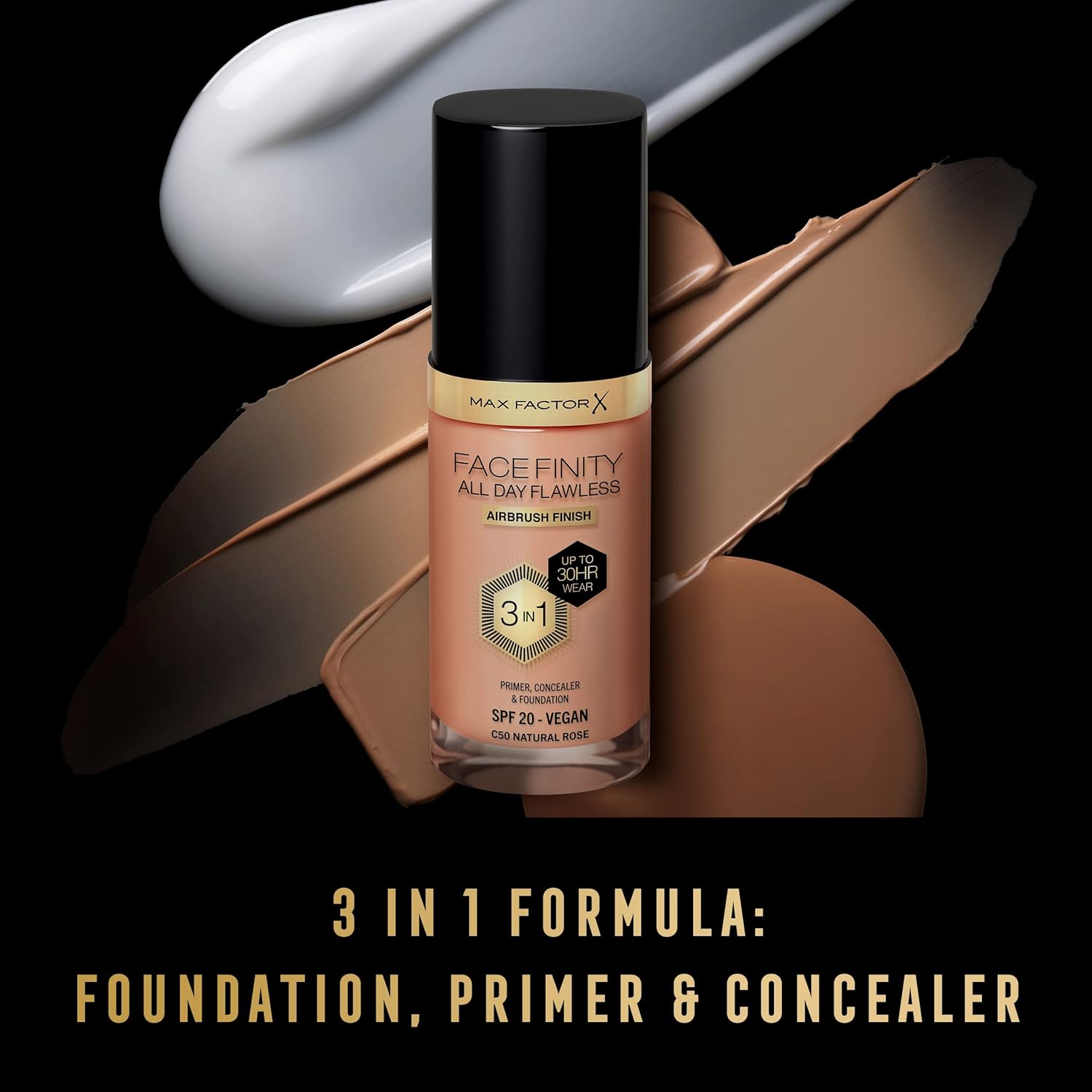 MAX FACTOR - Facefinity All Day Flawless Foundation - 3-in-1 Concealer, Liquid Foundation & Face Primer - Up To 30hr Wear - Flawless Airbrush Finish, SPF 20, Vegan - C50 Natural Rose - 30ml : Amazon.co.uk: Beauty