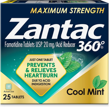 Zantac 360 Maximum Strength, Cool Mint, 25 Count, Heartburn Prevention & Relief, 20Mg Tablets