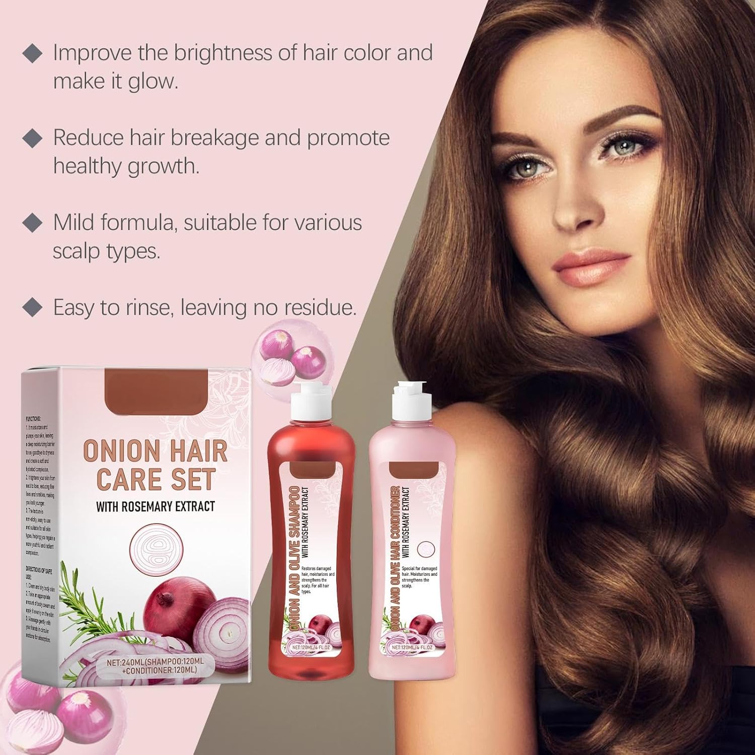 Onion And Olive Shampoo Conditioner Set, Onion Rosemary Shampoo Set For Hair Growth & Volume, Hair Care Shampoo & Conditioner Set - 120 Ml Duo Against Hair Loss For Stronger, Thicker, Longer Hair