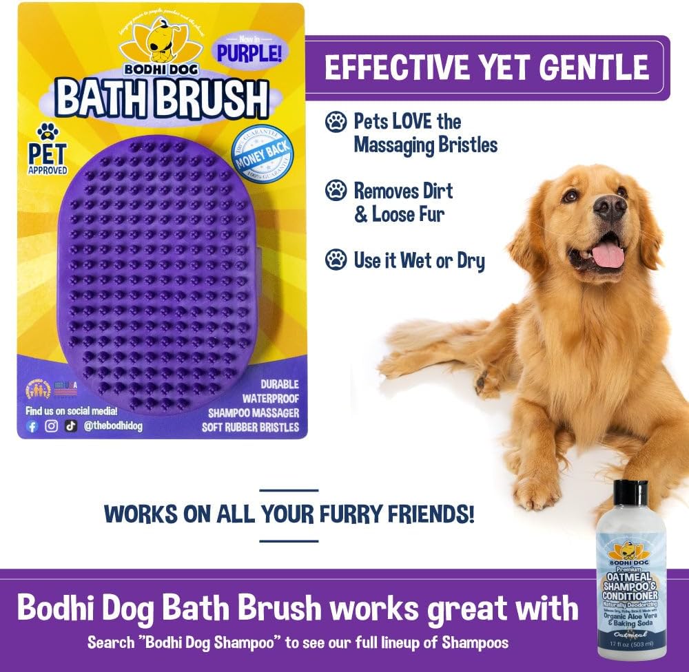 Bodhi Dog Hair Brush for Dogs & Cats, Pet Shower & Bath Supplies, Long & Short Hair Dog Scrubber, Professional Quality Dog Grooming Brush, Waterproof, Purple