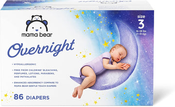 Amazon Brand - Mama Bear Disposable Overnight Baby Diapers, Hypoallergenic, Night Time Protection, Size 3 (86 Count), White