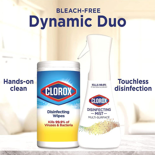 Clorox Cleaning Bundle Disinfecting Mist Lemon & Orange Blossom Scent (1 Spray Bottle & 1 Refill, 16 Fl Oz Each) Disinfecting Wipes, Moisture Seal Lid Fresh Scent (3-Pack, 75Ct Each)