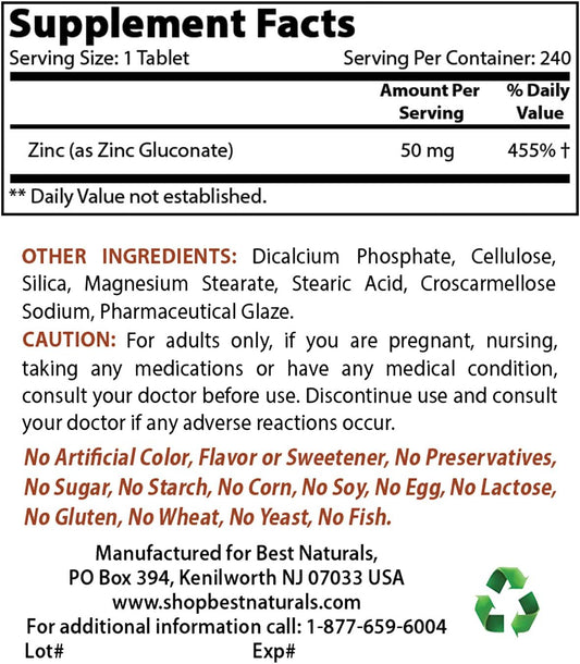 Best Naturals Zinc Supplement as Zinc Gluconate 50mg 240 Tablets - Imm