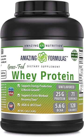 Amazing Formulas Grass FED Whey Protein 5 s (Non-GMO, Gluten Free) -Made with Natural Sweetener and avor - rBGH & RBST Free -Supports Energy Production & Muscle Growth (Unavored, 5 )