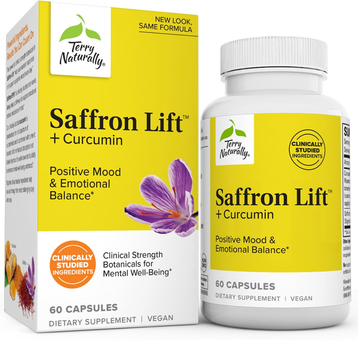 Terry Naturally Saffron Lift + Curcumin - Herbal Supplement With Curcumin - Non-Gmo Saffron & Brain Curcumin Capsules - Concentration & Relaxation Support Supplement - 60 Capsules