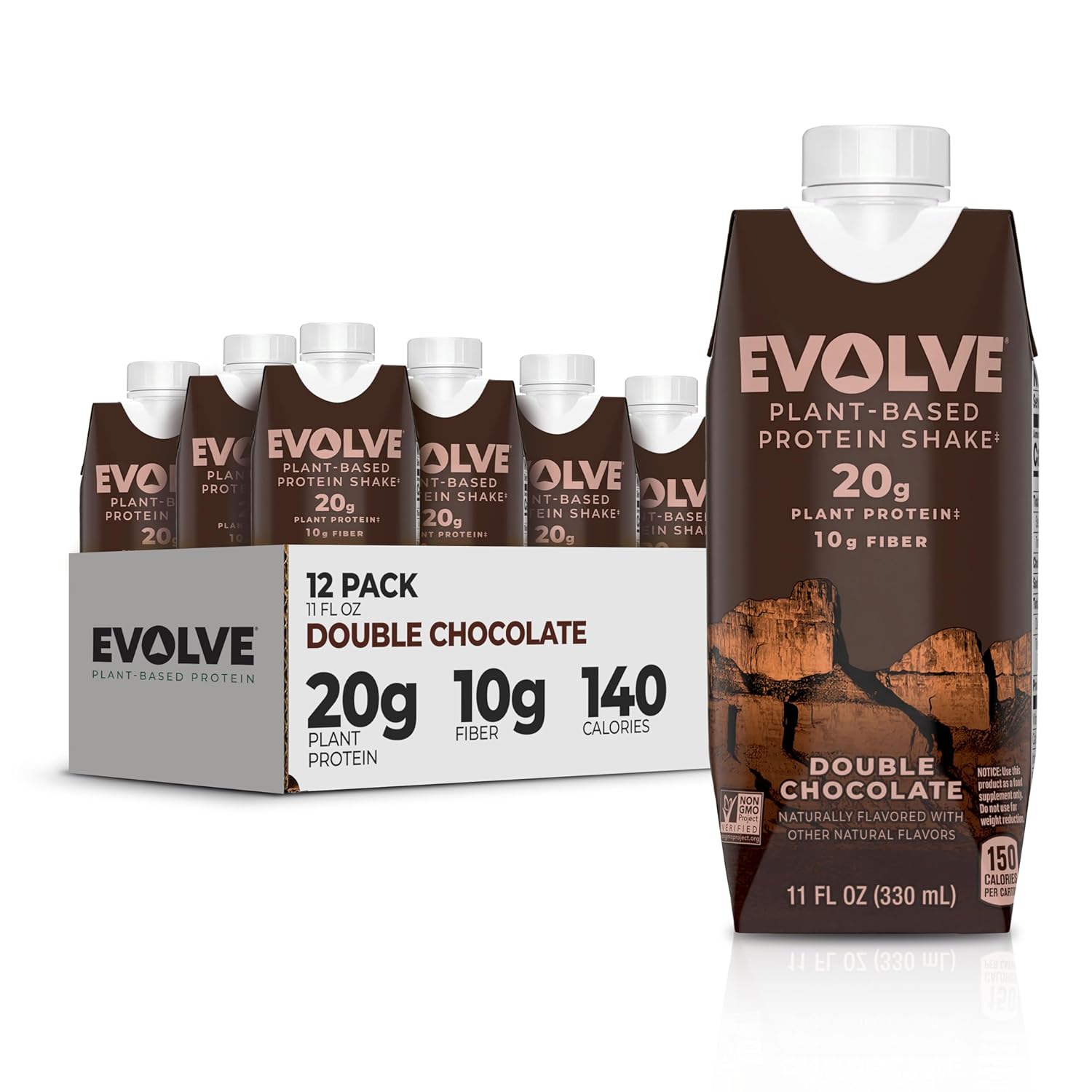 Evolve Plant Based Protein Shake, Double Chocolate, 20G Vegan Protein, Dairy Free, No Artificial Sweeteners, Non-Gmo, 10G Fiber, 11 Fl Oz (Pack Of 12) - (Formula May Vary)