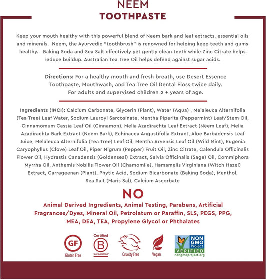 Desert Essence Natural Neem Toothpaste - Cinnamint - 6.25 Oz - Pure Essential Oil - Baking Soda - Complete Oral Care - Sea Salt - Refreshing Taste - Promotes Buildup Reduction