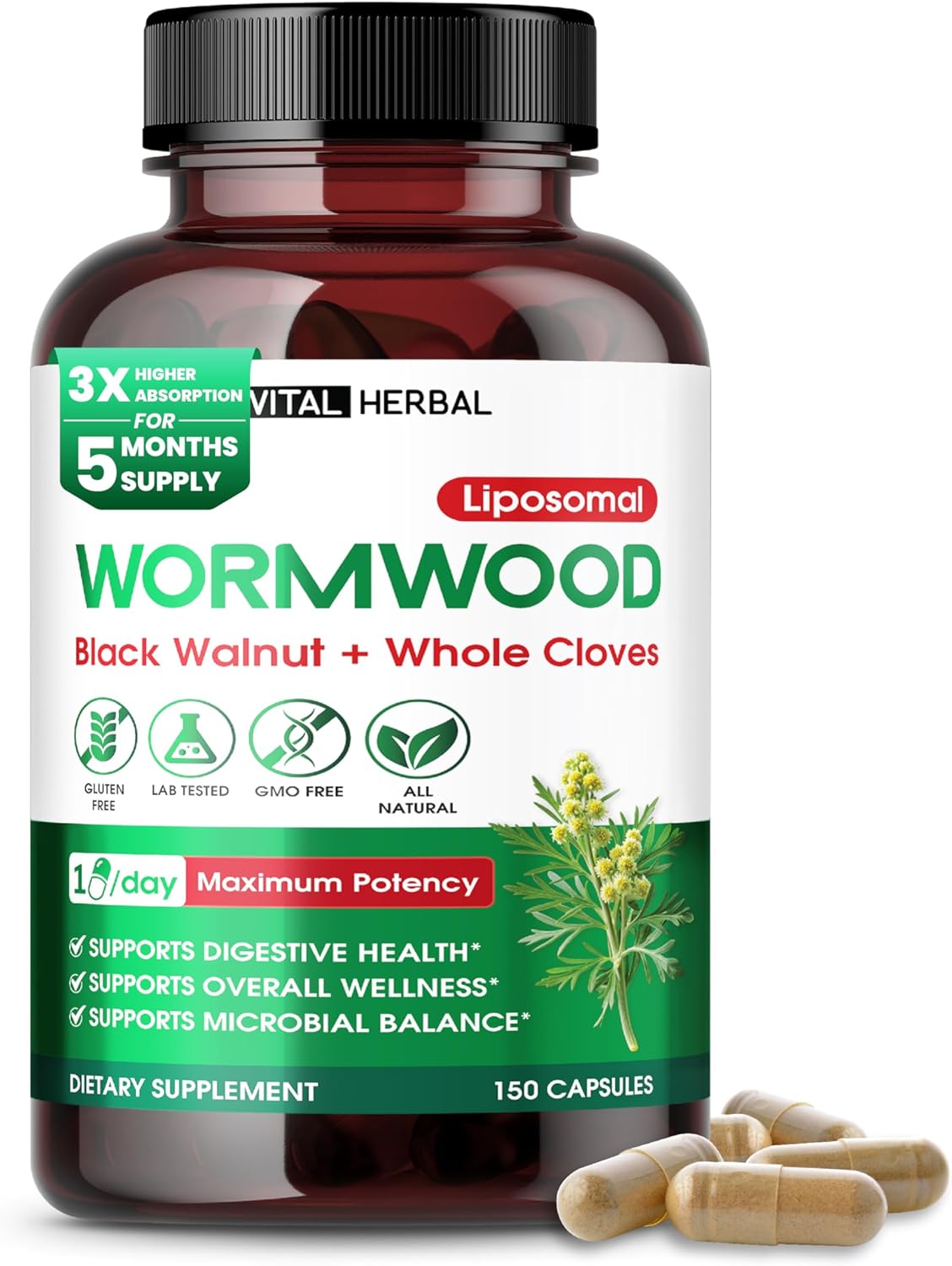 Vital Herbal Wormwood With Black Walnut Whole Cloves Ginger Capsules – 150 Capsules – Supports Digestive Health, Immune Function & Detox – Made In The Usa