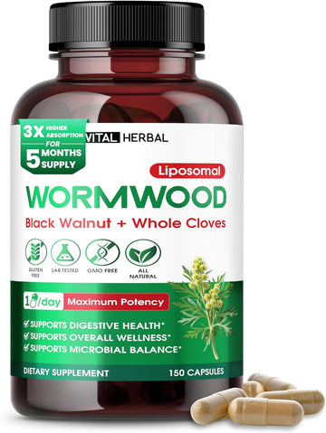 Vital Herbal Wormwood With Black Walnut Whole Cloves Ginger Capsules – 150 Capsules – Supports Digestive Health, Immune Function & Detox – Made In The Usa
