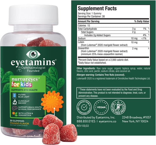 Nurtureyes Eye Health Gummy for Kids - 30 Easy-to-Chew, Mango Gummies - Ophthalmologist- Created Kids Eye Vitamins - Natural, Vegan, and Non-GMO Formula