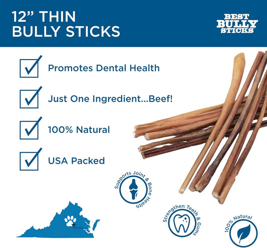 Best Bully Sticks 12 Inch Thin Bully Sticks For Dogs - 100% Natural Grain And Rawhide Free Bully Sticks For Small Dogs, Puppies, Senior Dogs | 24 Pack