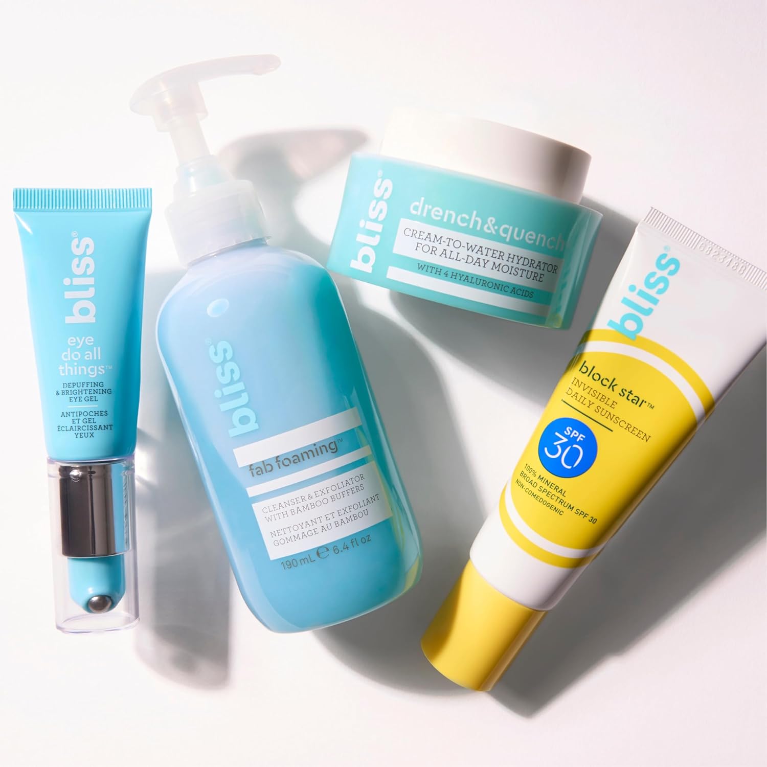 Bliss Skin Bliss Starter Kit 4Pc Set: Fab Foaming Exfoliating Cleanser, Drench & Quench Moisturizer, Block Star Daily Mineral Spf 30, Eye Do All Things Brightening Eye Cream