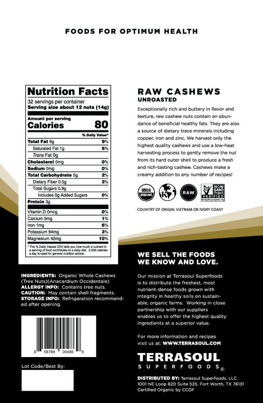 Terrasoul Superfoods Organic Raw Cashews, 16 Oz, Premium Quality For Snacking, Baking, And Culinary Creations