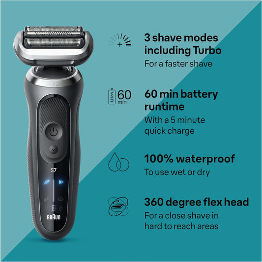 Braun Electric Shaver For Men, Series 7 7185Cc, Wet & Dry Shave, Turbo & Gentle Shaving Modes, Waterproof Foil Shaver, Space Grey