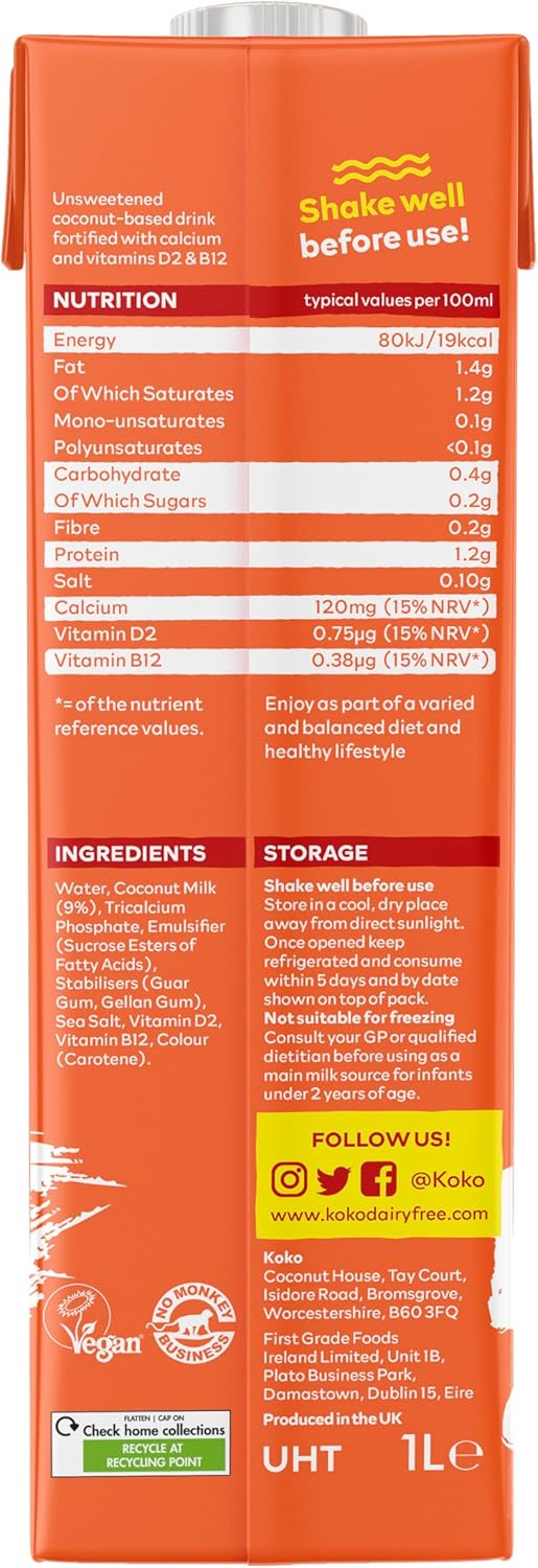Koko Unsweetened No Sugar Mlk 12 X 1L | Tastes Like Dairy & No Added Sugar | No Dairy, No Soya, Just Plants | Allergen Free | Uht Ambient Long Life | 19 Calories Per 100Ml