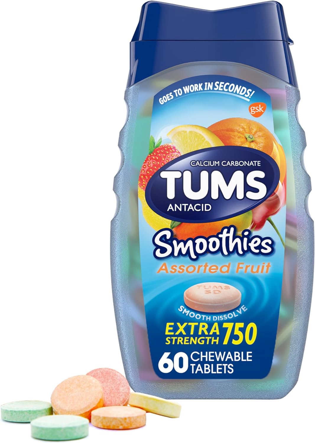 TUMS Smoothies Extra Strength Antacid Chewable Tablets for Heartburn Relief, Assorted Fruit - 60 Count (Pack of 1)