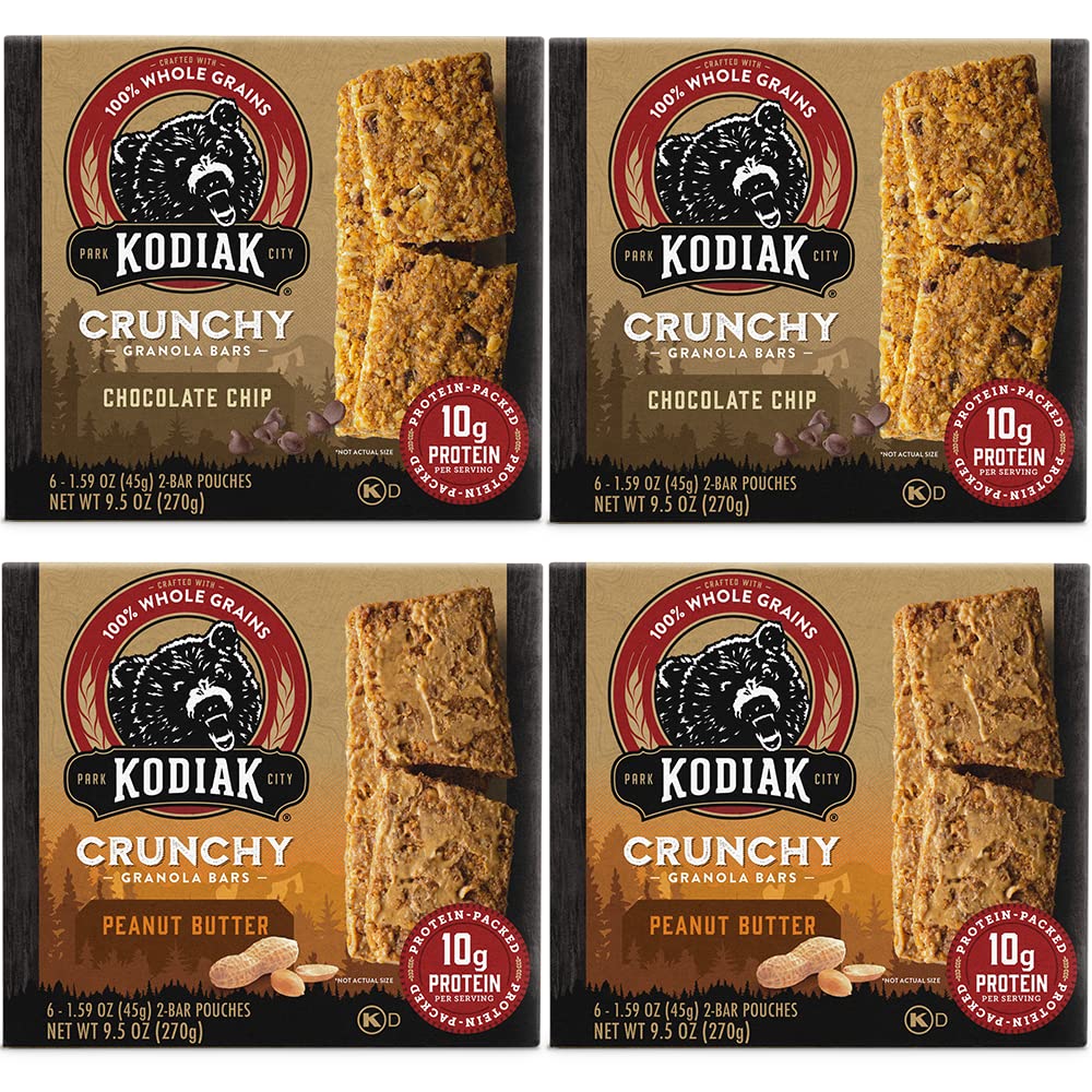 Kodiak Cakes Crunchy Granola Bar Variety Pack - Peanut Butter (2 boxes) and Chocolate Chip (2 boxes) High Protein Granola Bar Snack - 100% Whole Grain Granola Bars Bulk - (24) Total Pouches