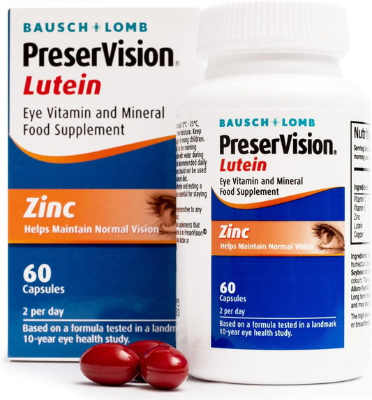 Preservision Lutein By Bausch + Lomb, Lutein, Zinc, Copper And Vitamin C And E, Eye Vitamin And Mineral Food Supplement, Two Soft Gel Capsules Per Day