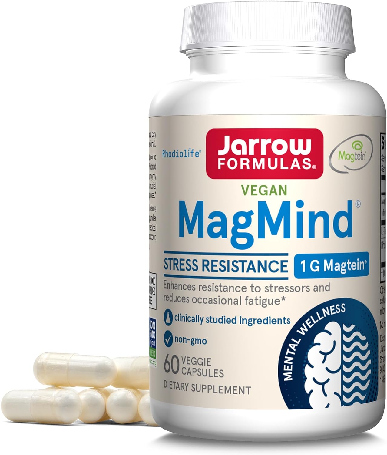 Jarrow Formulas MagMind Stress Resistance with Magtein 1g, L-Theanine and Rhodiolife, Dietary Supplement for Occasional Fatigue and Stress, 60 Veggie Capsules, 30 Day Supply