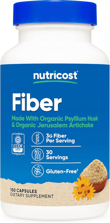 Nutricost Fiber Capsules With Prebiotic Fiber Supplement 150 Capsules - Ccof Certified Supplement, Made With Organic Psyllium Husk & Organic Jerusalem Artichoke, Gluten Free, 3 G Per Serving
