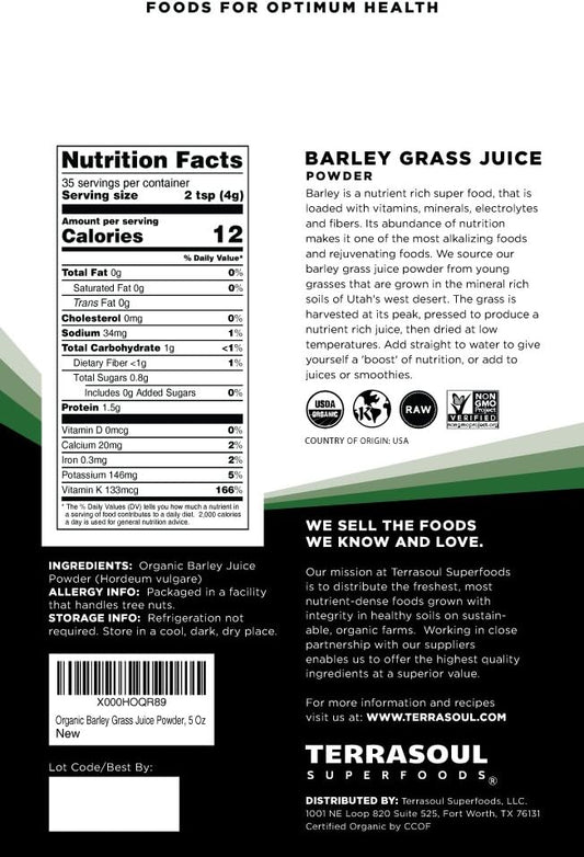 Terrasoul Superfoods Organic Barley Grass Juice Powder, 5 Oz - Usa Grown | Made From Concentrated Juice | Superior To Barley Grass