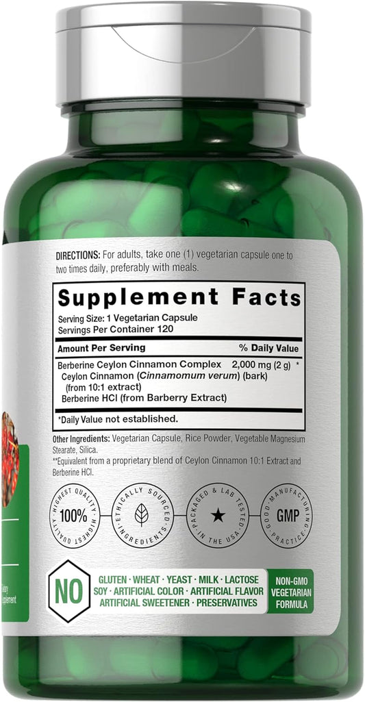 Horbaach Berberine Plus Ceylon Cinnamon | 2000Mg | 120 Veggie Capsules | Vegetarian, Non-Gmo & Gluten Free Supplement | Berberine Complex