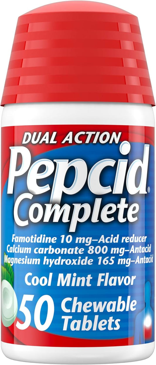 Pepcid Complete Acid Reducer + Antacid Chewables, 10Mg Famotidine, 800Mg Calcium Car-Bonate & 165Mg Magnesium Hydroxide Per Heartburn Medicine Tablet, Antacid Chews, Tropical Fruit, 50 Ct