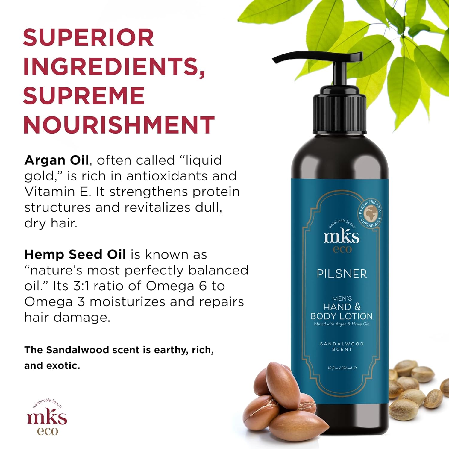 Mks Eco For Men Pilsner Hand & Body Lotion, Sandalwood Scent - 10 Oz - Hydrate, Smooth & Protect Skin - With Hemp Seed Oil & Argan Oil - Vegan, Cruelty Free : Beauty & Personal Care