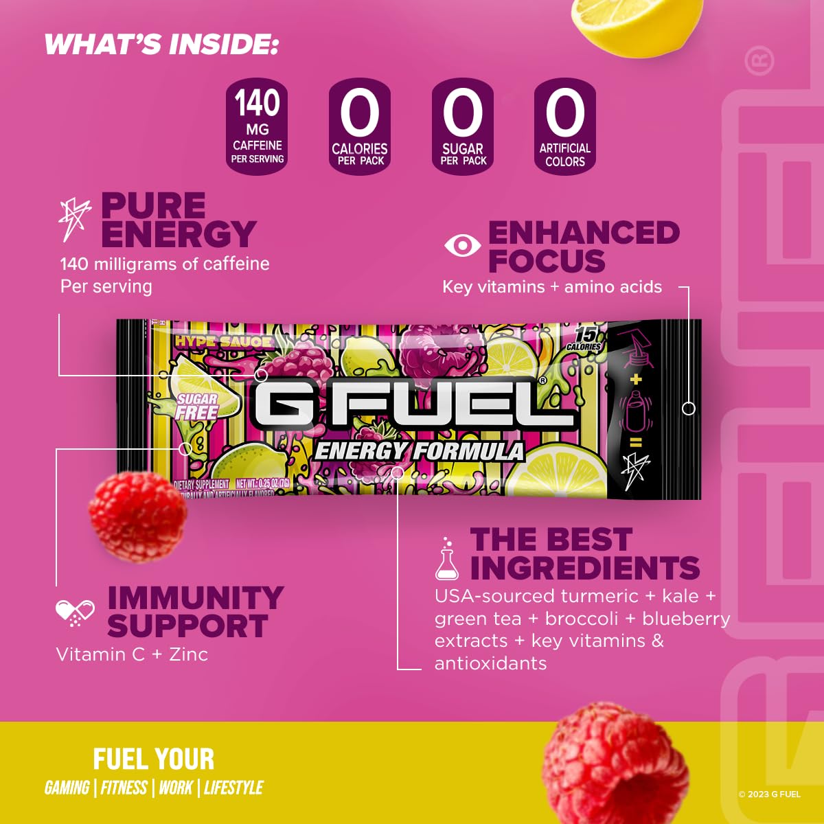 G Fuel Hype Sauce Energy Powder Packets, Sugar Free, Clean Caffeine Focus Supplement, Water Mix, Raspberry + Lemonade Flavor, Focus Amino, Vitamin + Antioxidants Blend - 6 Stick Pack, 0.25 Oz