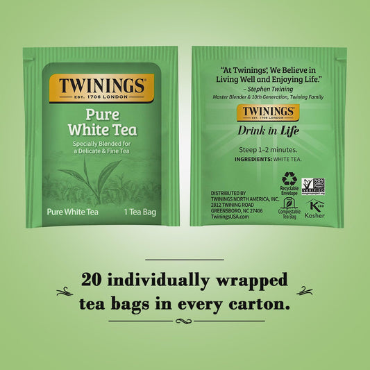 Twinings Pure White Tea Bags - Delicate Caffeinated Tea Made From Fresh White Tea Leaves, Perfect For Hot Or Iced Tea, 20 Count (Pack Of 2)