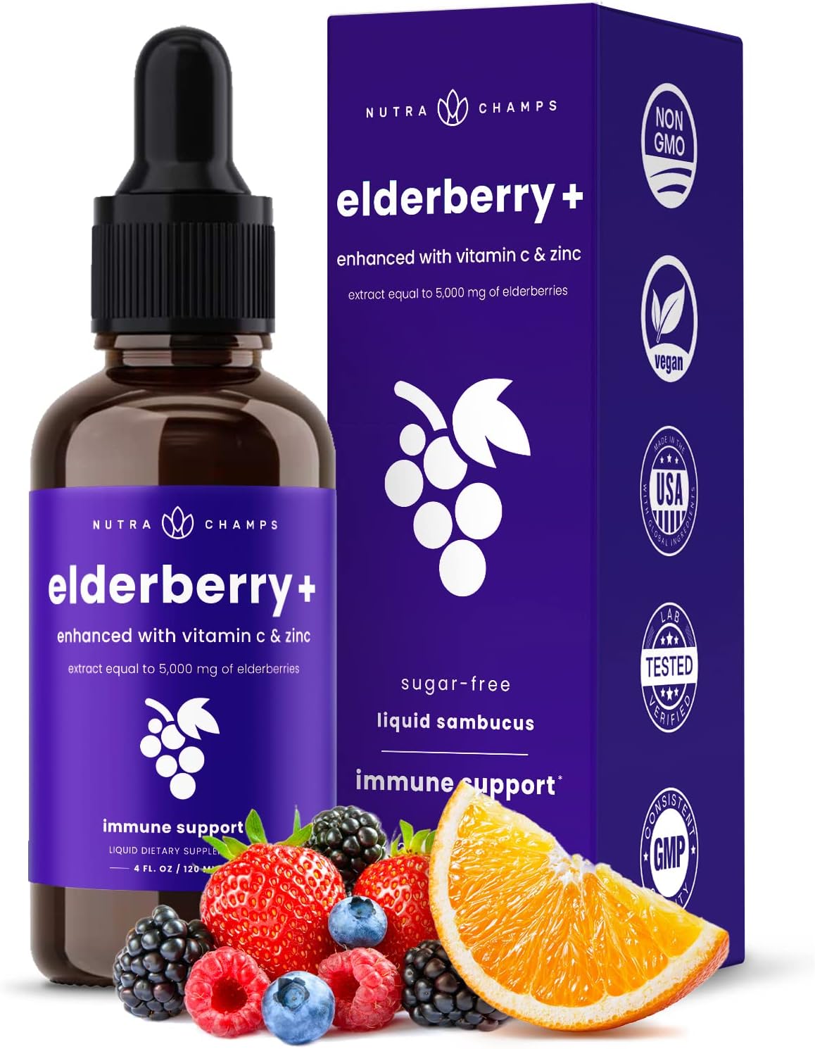 Organic Elderberry Syrup [5000mg Strength] Plus Zinc & Vitamin C Liquid Extract for Kids & Adults - Immune System Support - Vegan Sambucus Nigra Antioxidant Drops Supplement | Berry Flavor 4oz