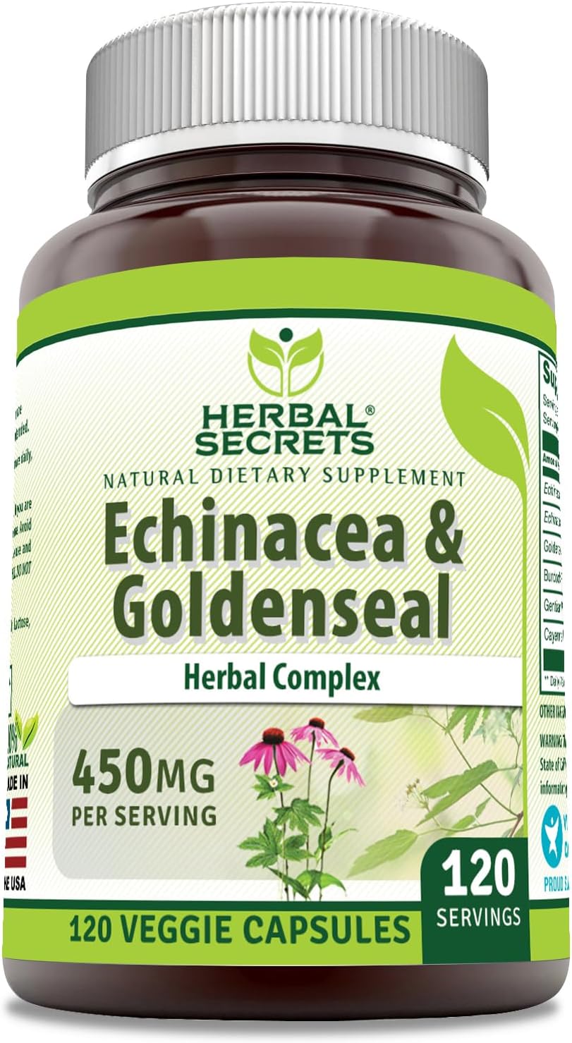 Herbal Secrets Echinacea & Goldenseal Root 450 Mg 120 Veggie Capsules Supplement | Non-Gmo | Gluten Free | Made In Usa