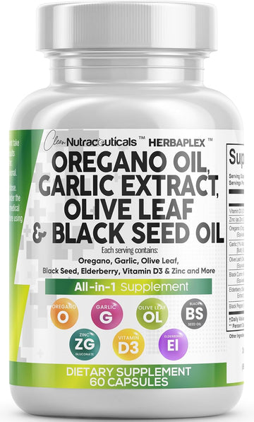 Oregano Oil 6000Mg Garlic Extract 4000Mg Olive Leaf 3000Mg Black Seed Oil 3000Mg - Immune Support & Digestive Health Supplement For Women And Men With Vitamin D3 And Zinc - 60 Caps