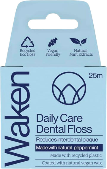 Waken, 25M Peppermint Dental Floss, 100% Natural Flavor, Reduces Plaque And Gum Disease, Clinically Tested, Vegan Floss, Eco-Friendly, Sustainable Packaging, 100% Recyclable, White. (Pack Of 2)
