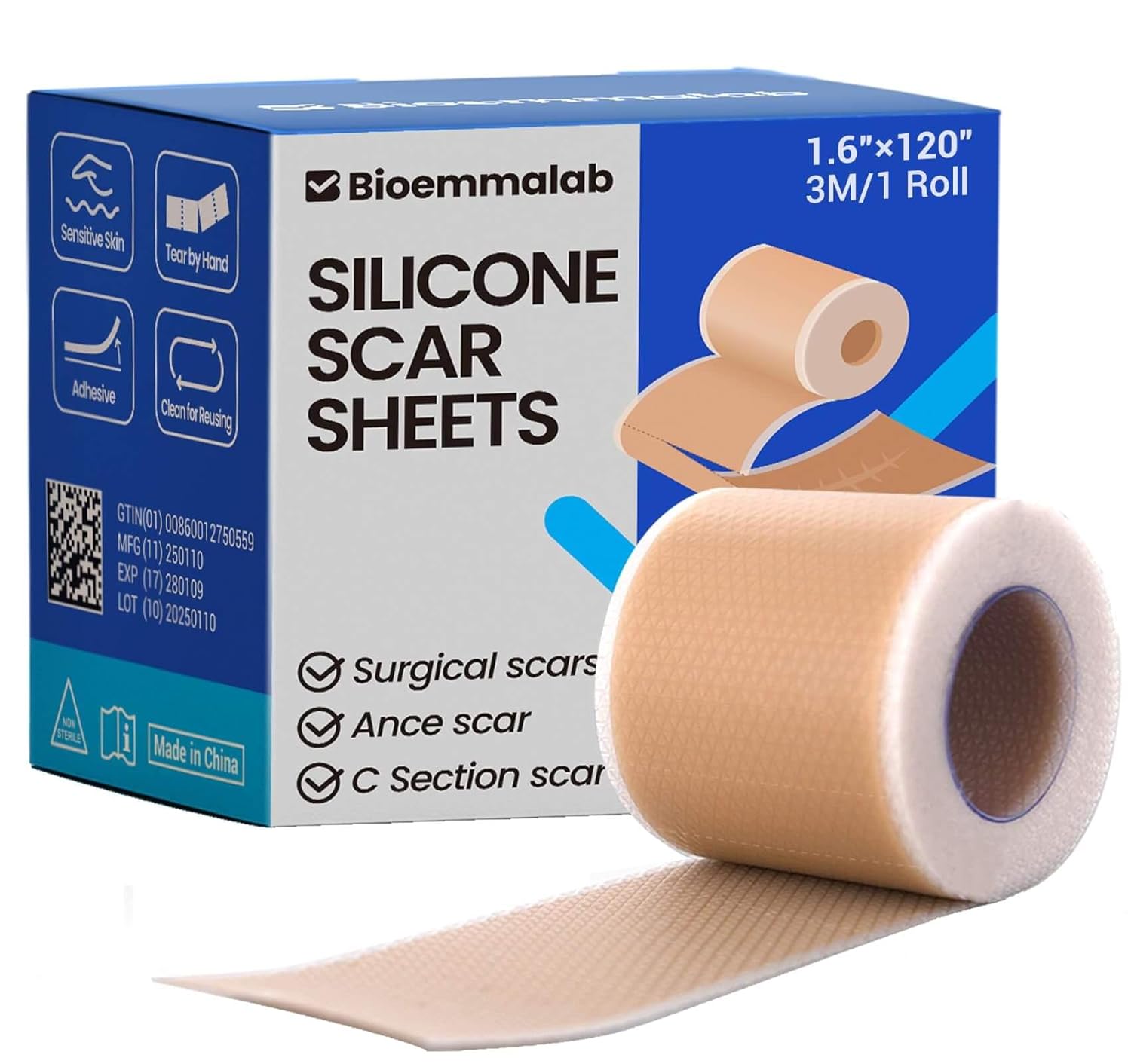 Silicone Scar Sheets Medical Grade Tape (1.6"X150" Roll) Healing Patches For C-Section, Keloid, Face Wrinkles, Stretch Marks, Surgical Recovery, Professional Scar Cover For Sensitive Skin, Soft Tissue