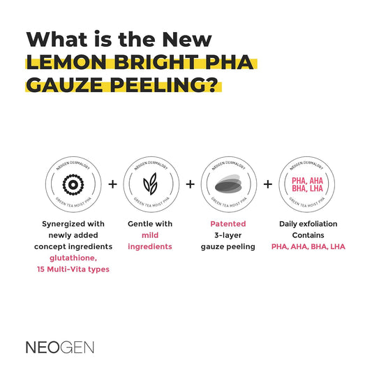 Neogen Lemon Pha Gauze Peeling Pads (30 Pads) - Exfoliating Peeling Pad With Aha, Bha, Pha, Lha & Lemon & Glutathione & Niacinamide - Korean Skin Care