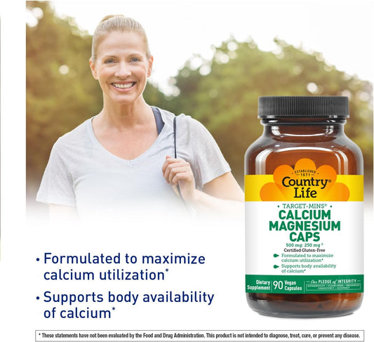 Country Life Target-Mins Calcium Magnesium Complex - 1000Mg Calcium, 500Mg Magnesium, Gluten-Free Supplement For Bone Health