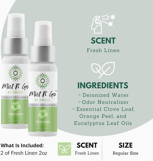 Mist N' Go by OMAZE Fresh Linen Scent Toilet Spray For Poop - Bathroom Spray Odor Eliminator Use Before You Sit On Toilet - Bathroom Poop Spray For Toilet Use For Travelling - Regular Size (2oz x2)