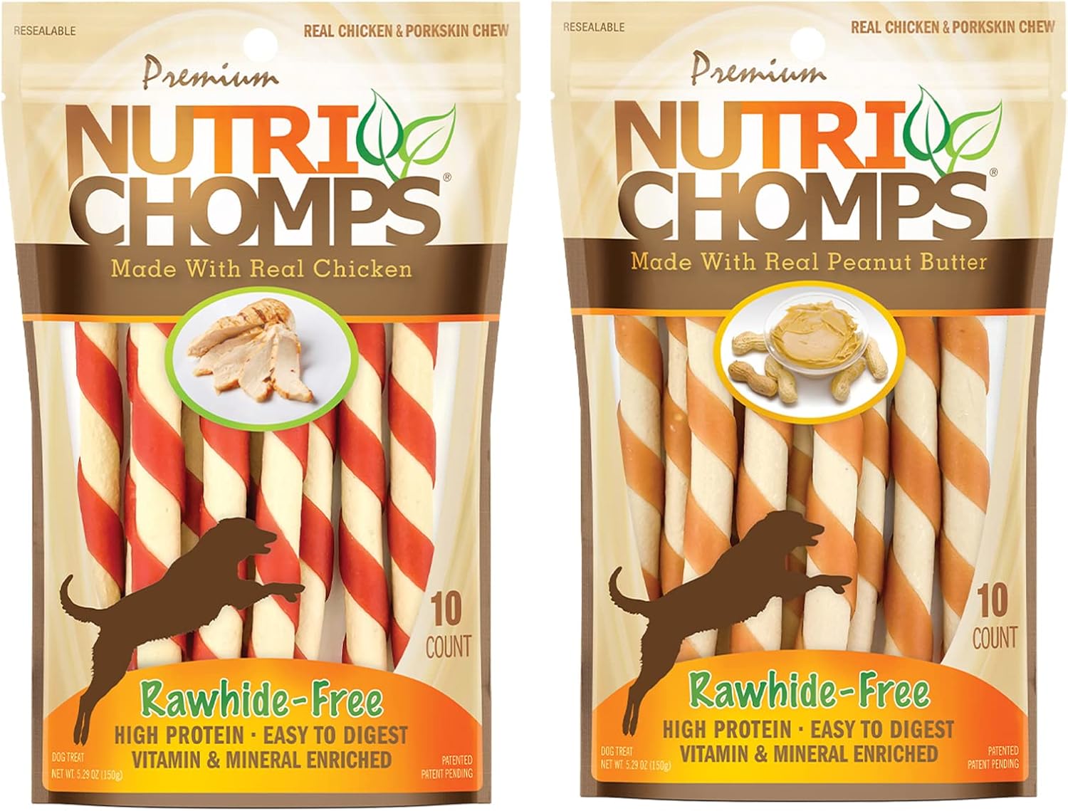 Nutrichomps Dog Chews 5-Inch Twists, Easy To Digest, Rawhide-Free Dog Treats, Real Peanut Butter Flavor & Real Chicken Flavor (Nt112V) - 10 Count (Pack Of 2)