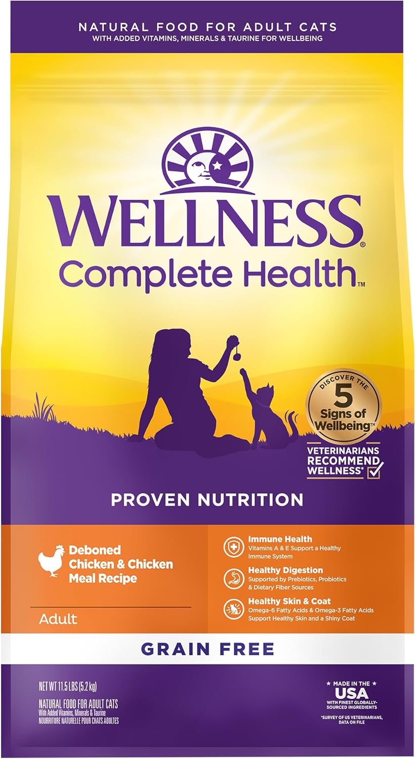 Wellness Natural Pet Food Complete Health Natural Grain Free Deboned Chicken & Chicken Meal Dry Cat Food, 11.5 Pound Bag