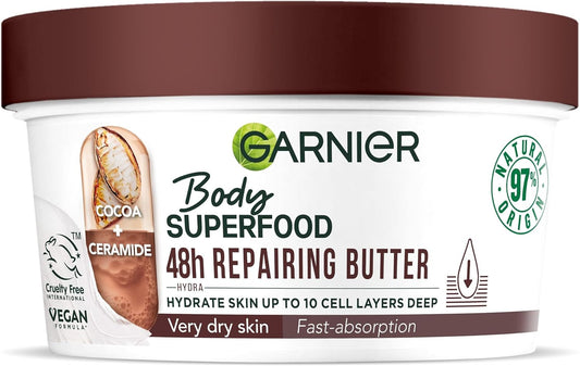 Garnier Body Superfood, Repairing Body Butter, With Cocoa & Ceramide, Body Butter For Very Dry Skin, Vegan Formula, Approved By Cruelty Free International, 300Ml