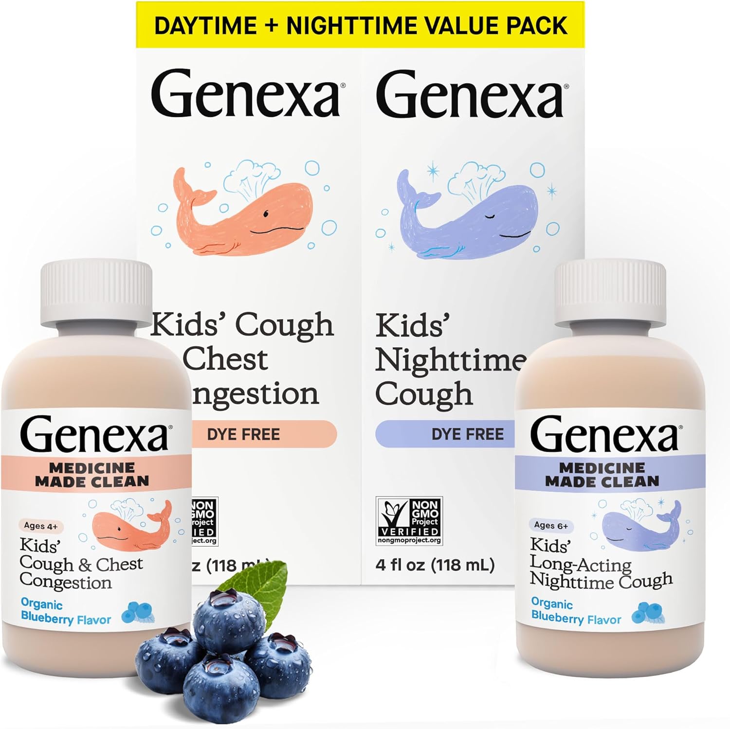 Genexa Kids’ Clean Cough & Chest Congestion Medicine, Dye Free, 0% Artificial Additives, Multi-Symptom Cough Syrup For Kids 4-11, Cough Suppressant & Expectorant, Organic Blueberry Flavor, 4 Fl Oz