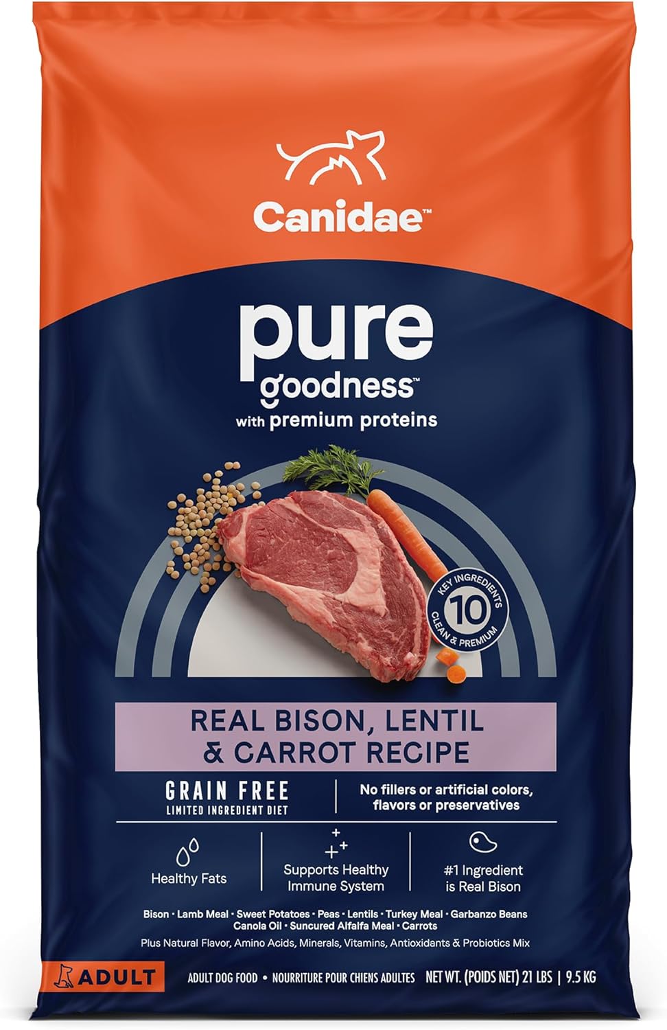 Canidae Pure Limited Ingredient Premium Adult Dry Dog Food, Real Bison, Lentil & Carrot Recipe, 21 Lbs, Grain Free