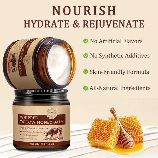 Beef Tallow For Skin, Tallow Face Moisturizer, Tallow And Honey Balm, Grass-Fed Whipped Beef Tallow And Honey Cream, Deeply Moisturizing For Face & Body, Suitable For Dry & Aging Skin,4.2 Oz